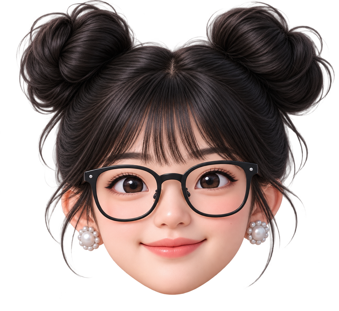 Chen Xuan with black double buns, black glasses and pearl earrings